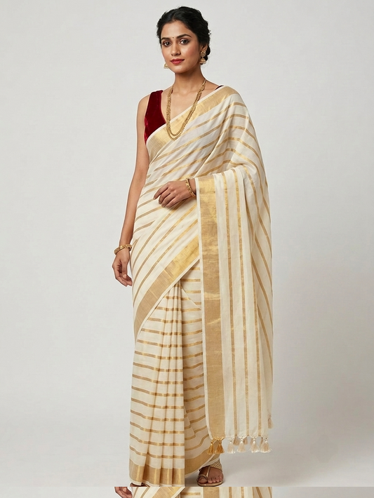 Ivory & Gold Zari Striped Mul Cotton Saree