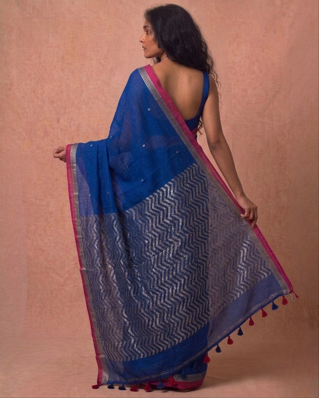 Royal blue organic cotton linen saree