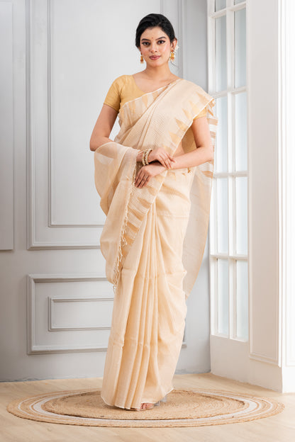 Beige temple Silk Linen Saree