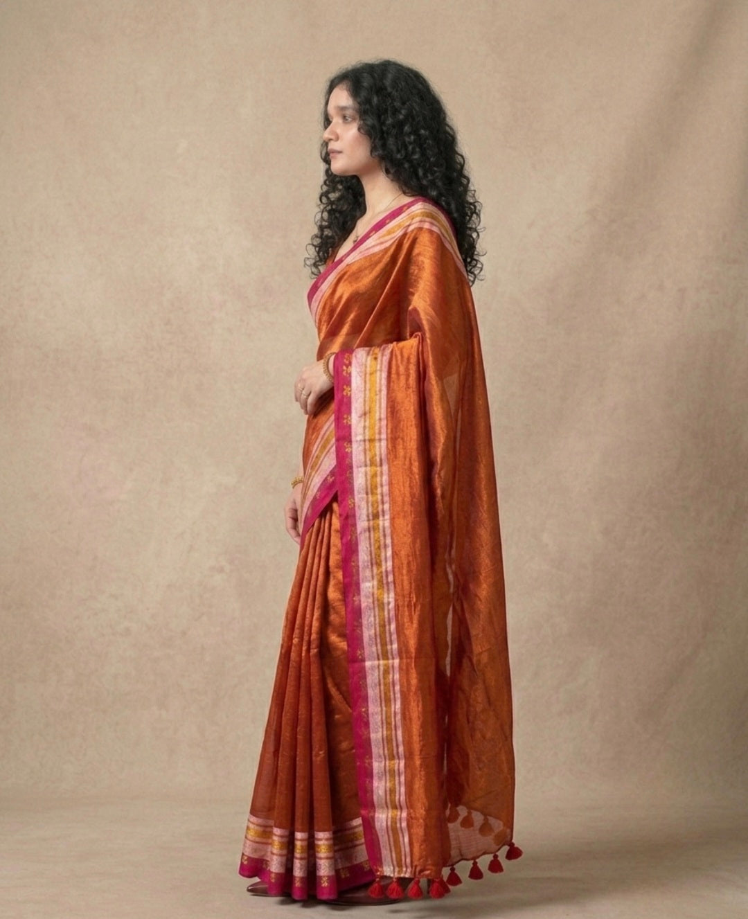 Red tissue mul cotton saree with woven borders