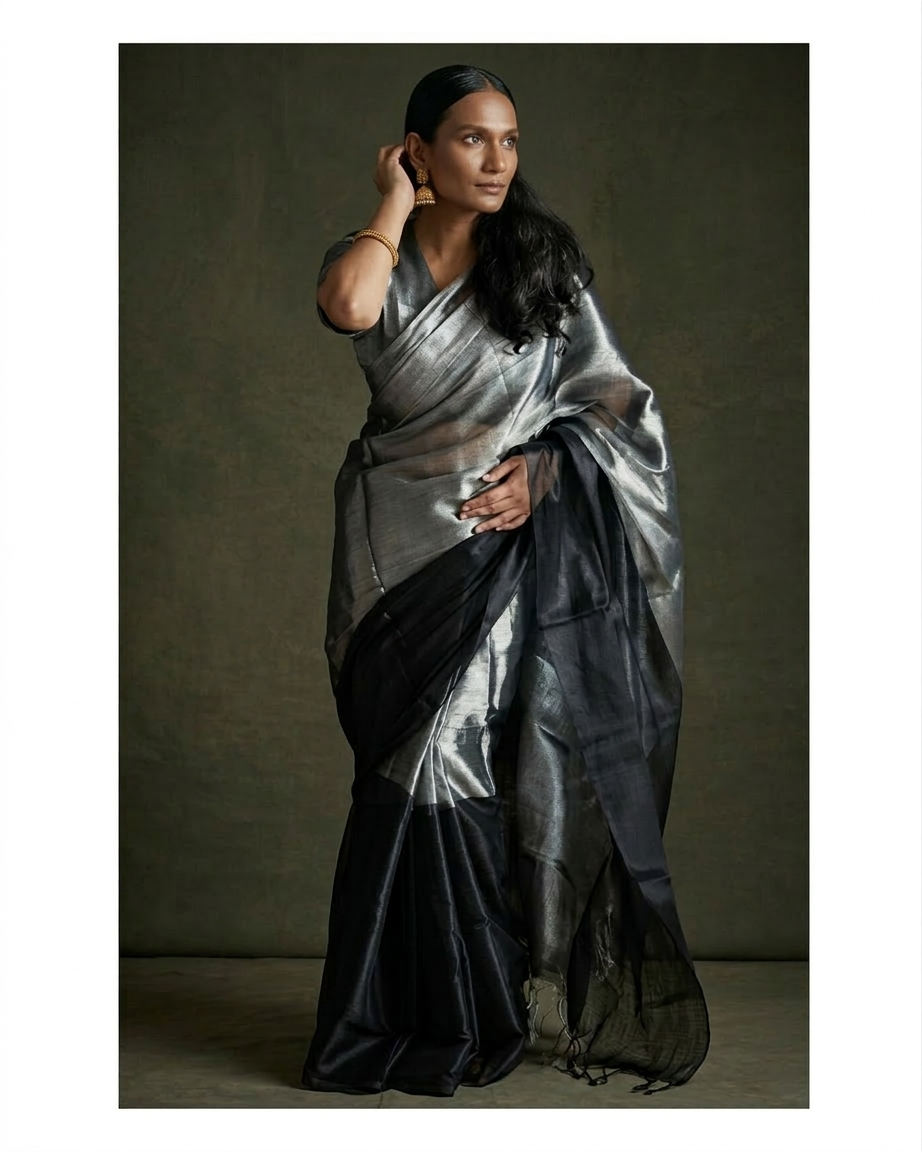 Silver & black Metallic Cotton Tissue saree