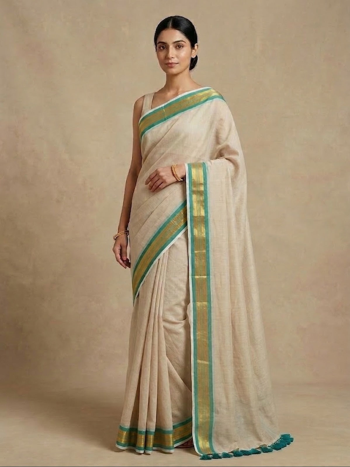 White mulmul cotton saree green zari border