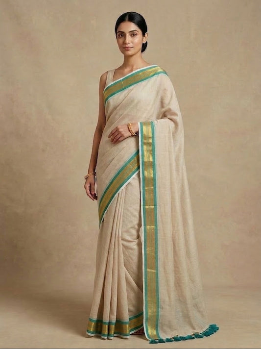 White mulmul cotton saree green zari border