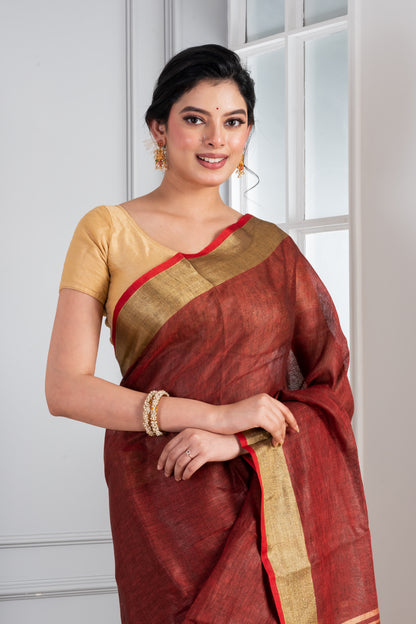 Solid maroon linen Saree