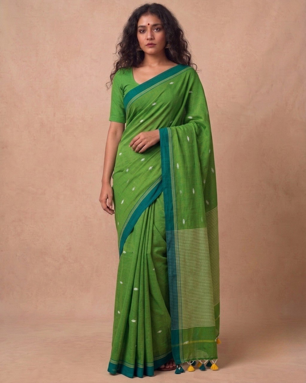 Green handspun cotton saree with white bootis