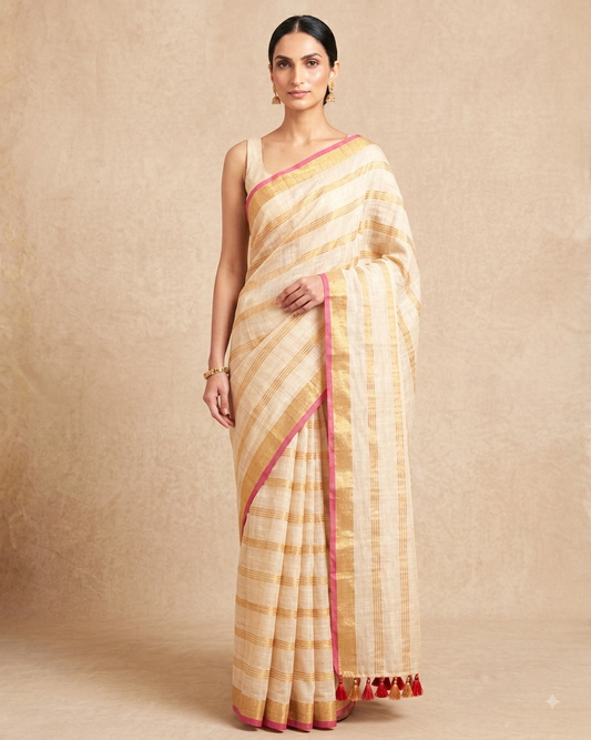Zari striped pure mul cotton saree