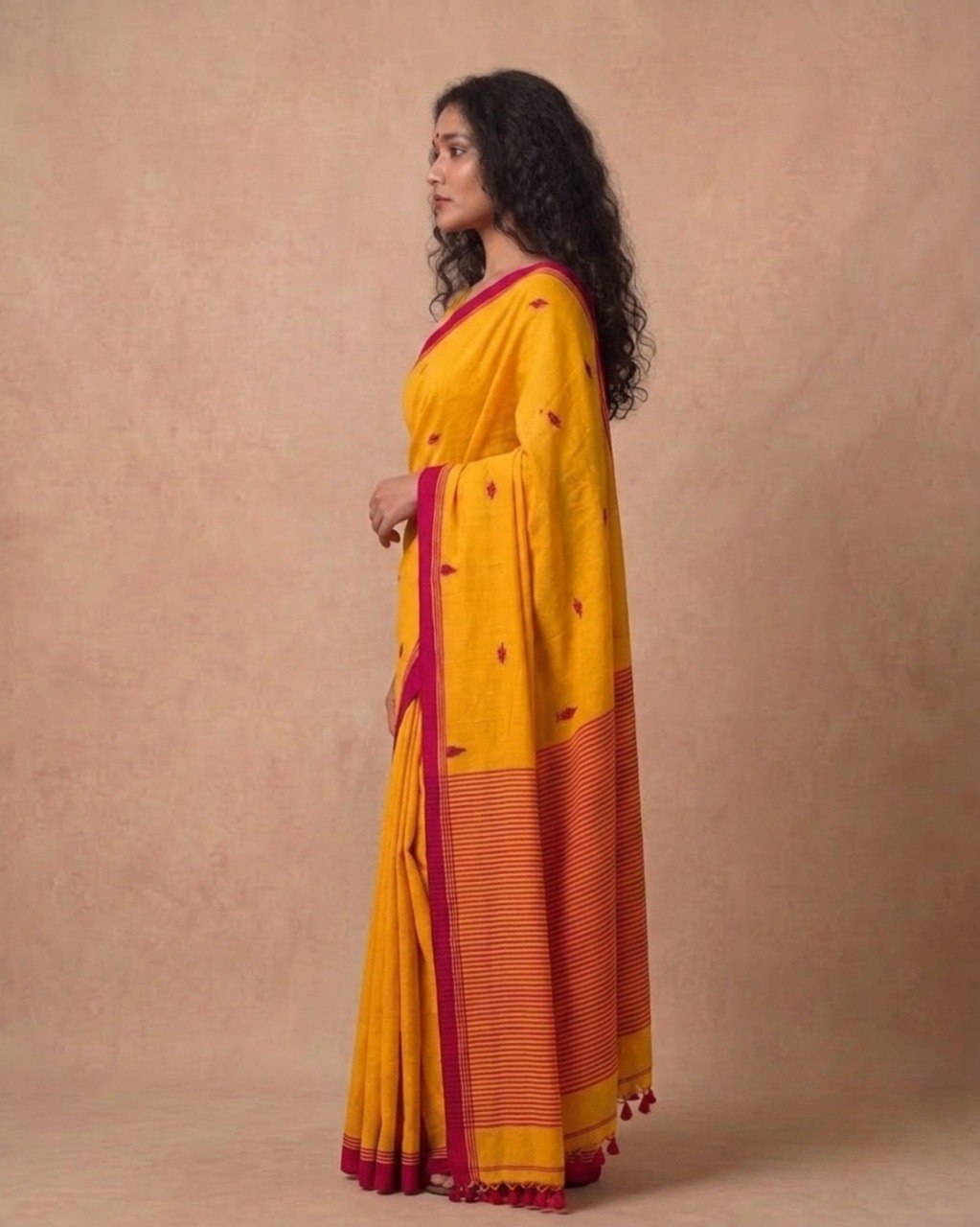 Mustard yellow handspun cotton saree with red bootis