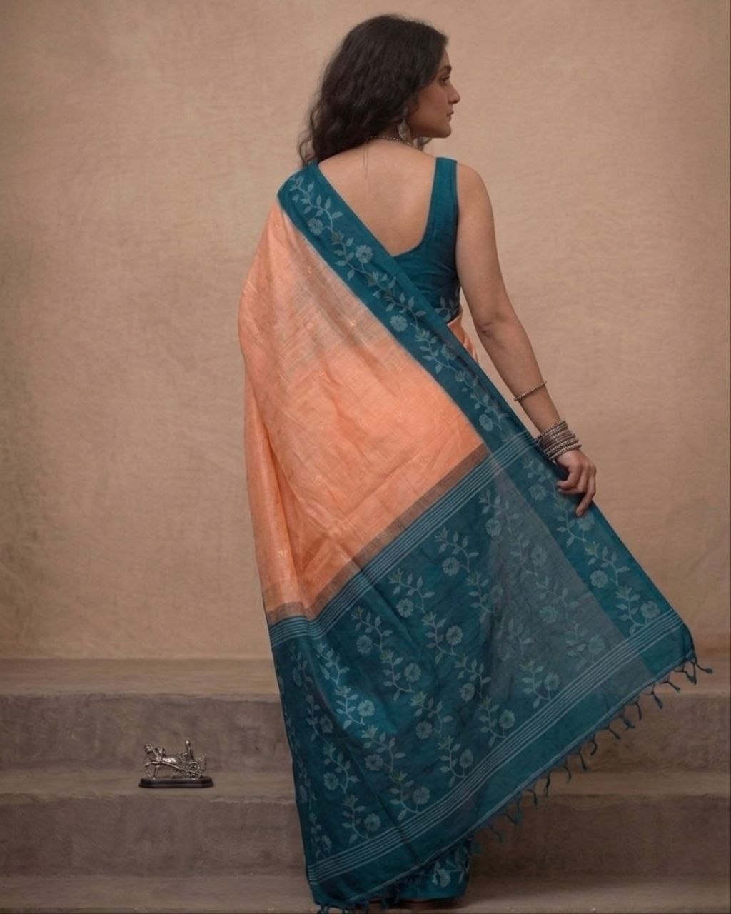 Peach and Teal blue tussar Jamdani saree