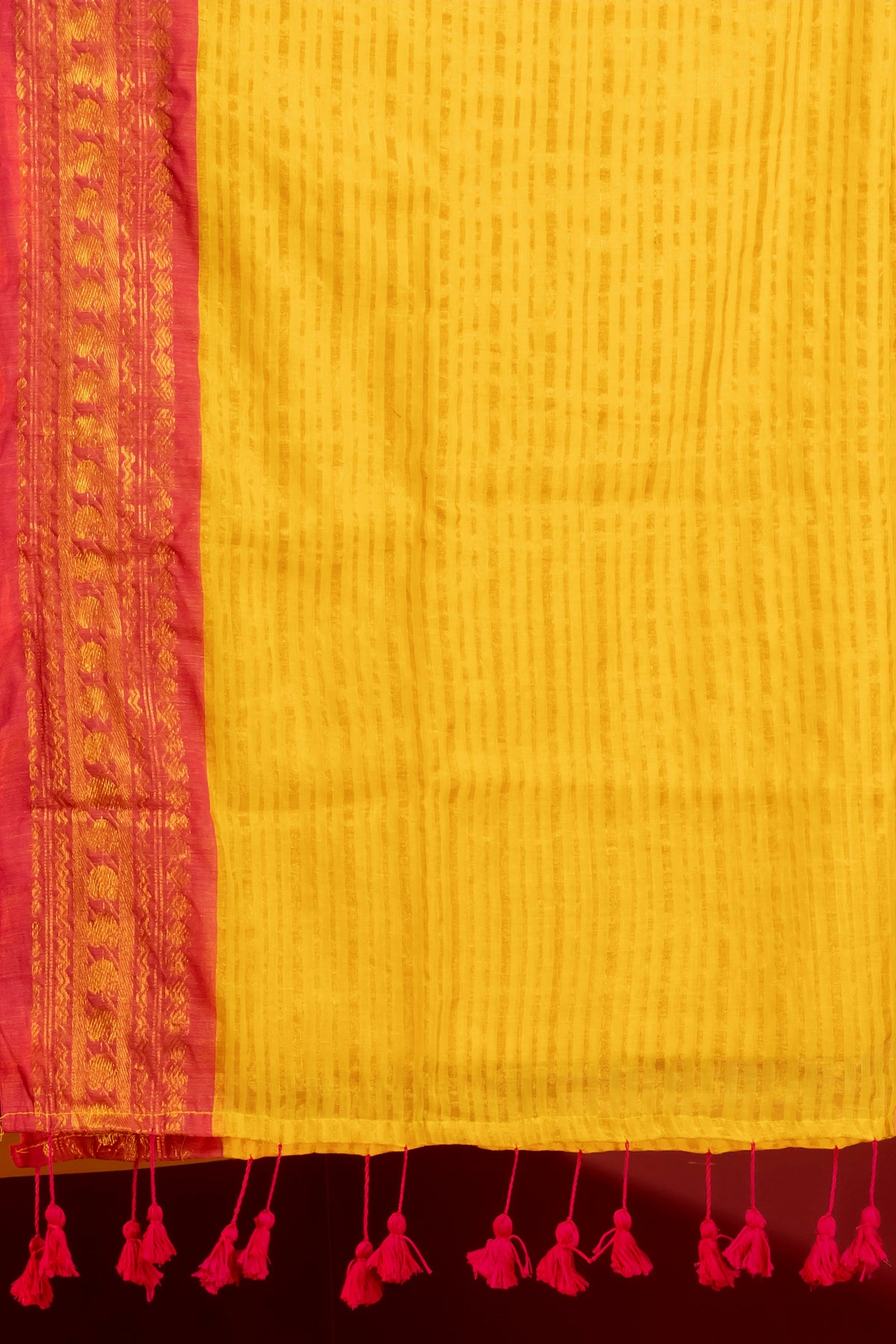 Yellow striped pink kanchi border mulmul saree