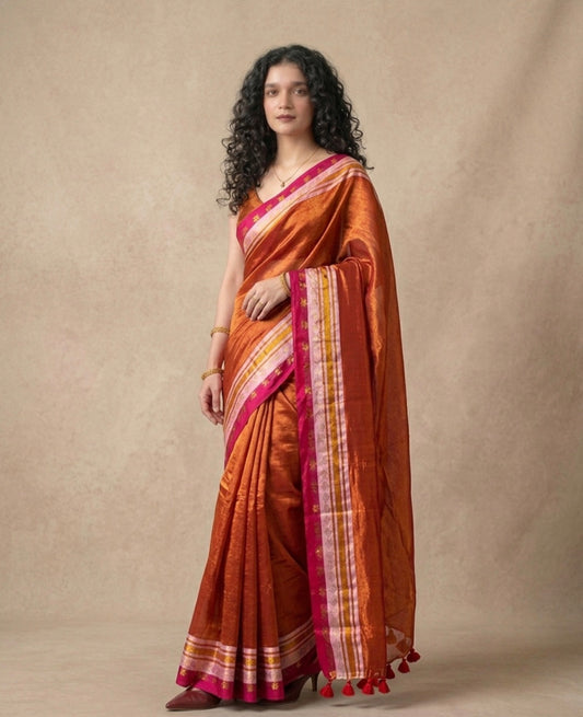 Red tissue mul cotton saree with woven borders