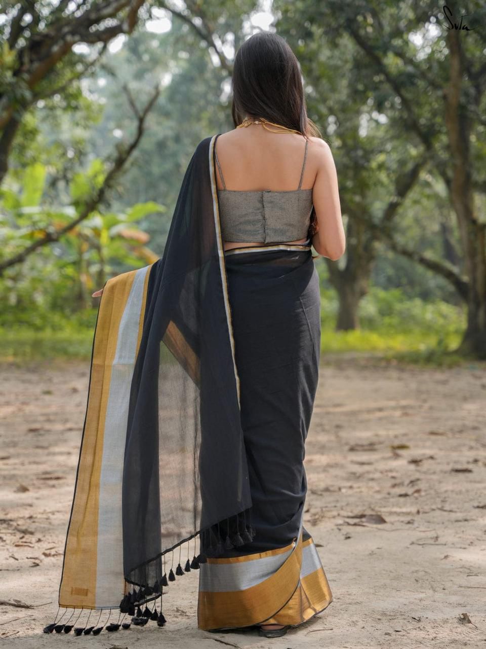 Black mulmul cotton saree