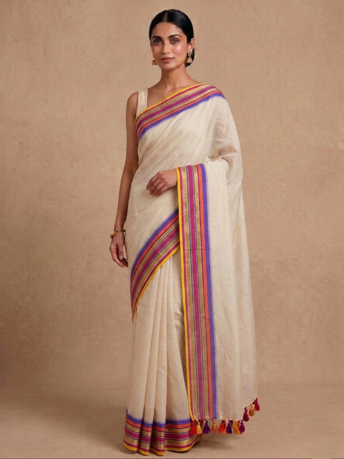 White mulmul cotton saree multi border