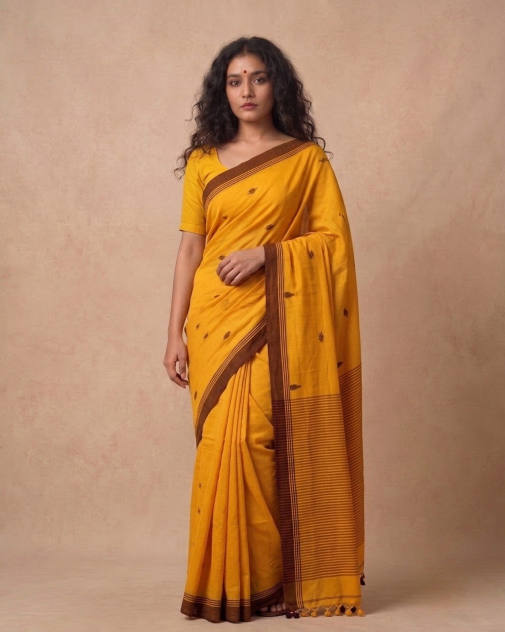 Mustard color handspun cotton saree with maroon bootis