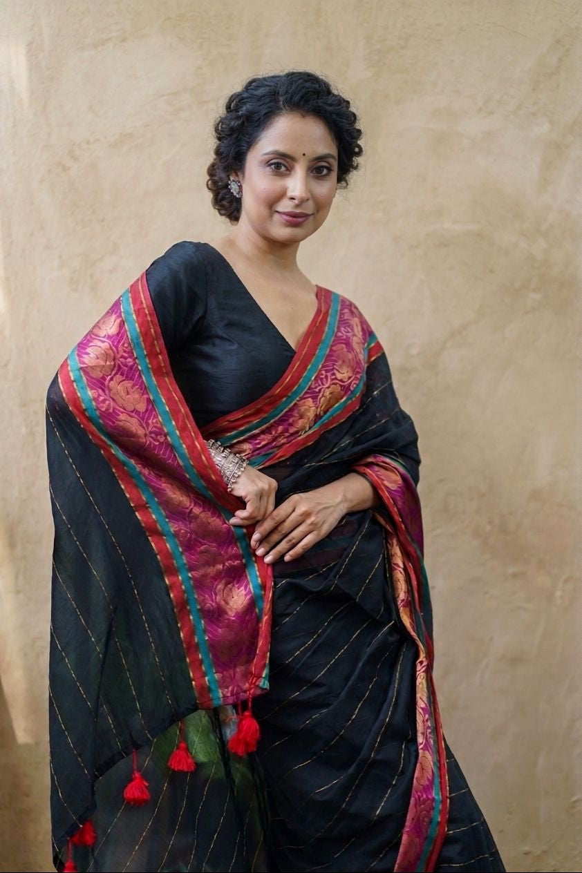 Black striped dark pink kanchi border  mulmul cotton saree