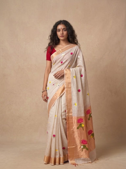 White silk Linen Saree with floral motifs