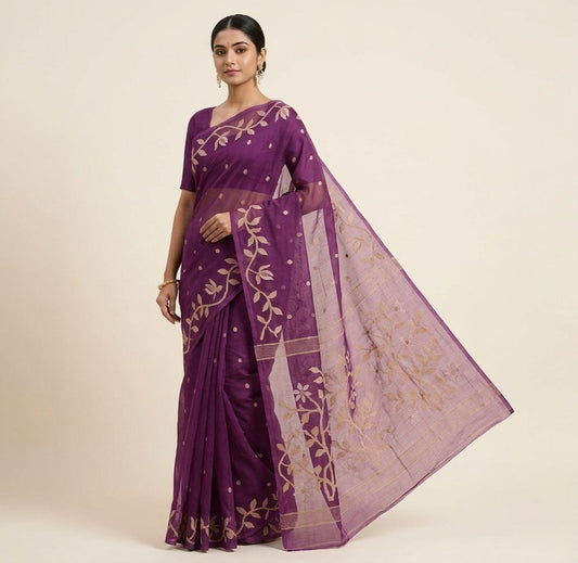 Deep purple handmade jamdani pure Resham Silk