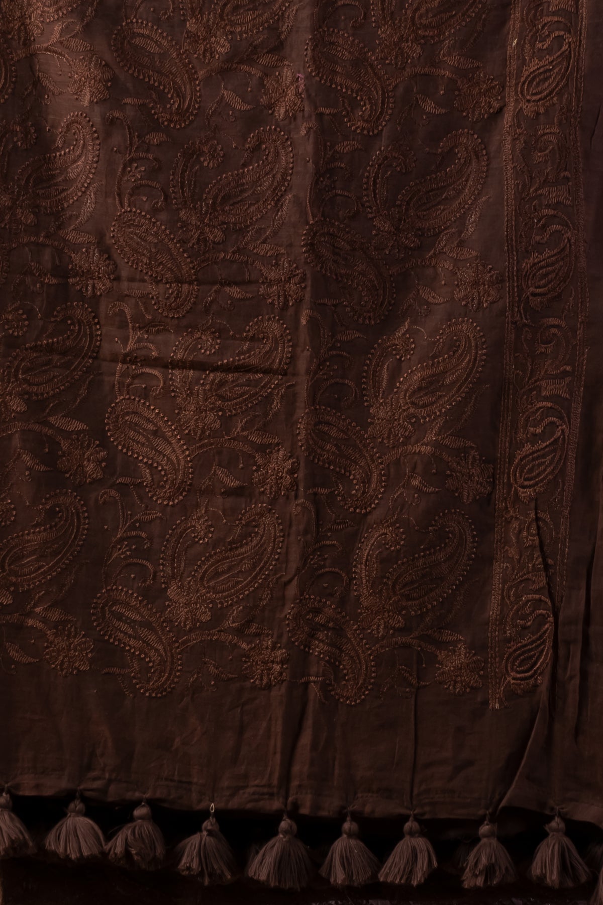 Rich Chocolate Brown Mul Cotton Saree with Tonal Chikankari Work