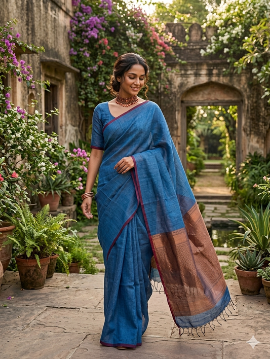 Royal blue Linen Saree
