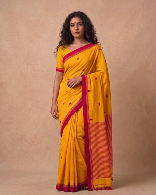 Mustard yellow handspun cotton saree with red bootis