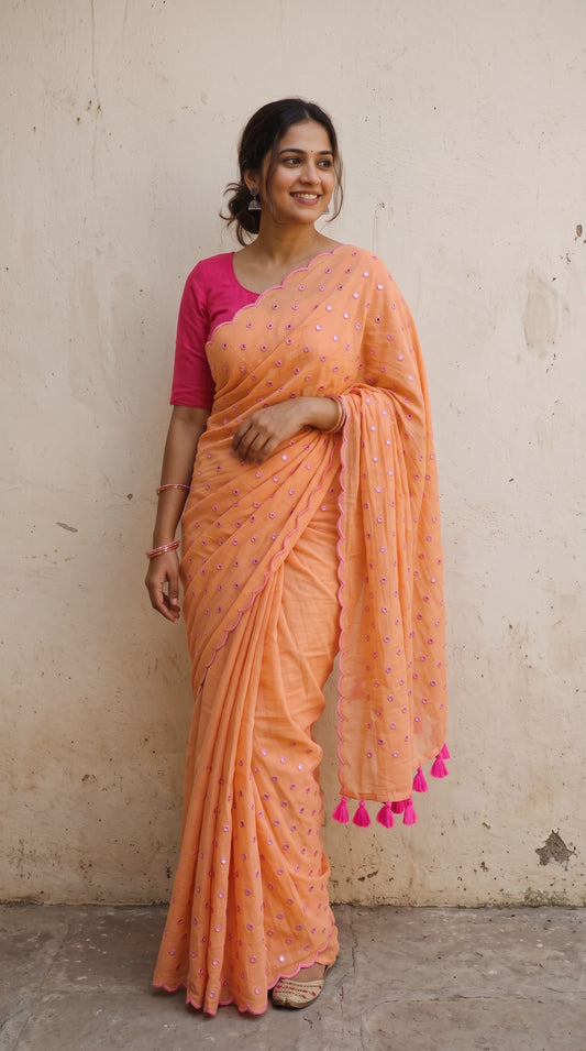 Light Orange scallop Border Mirror Work Saree
