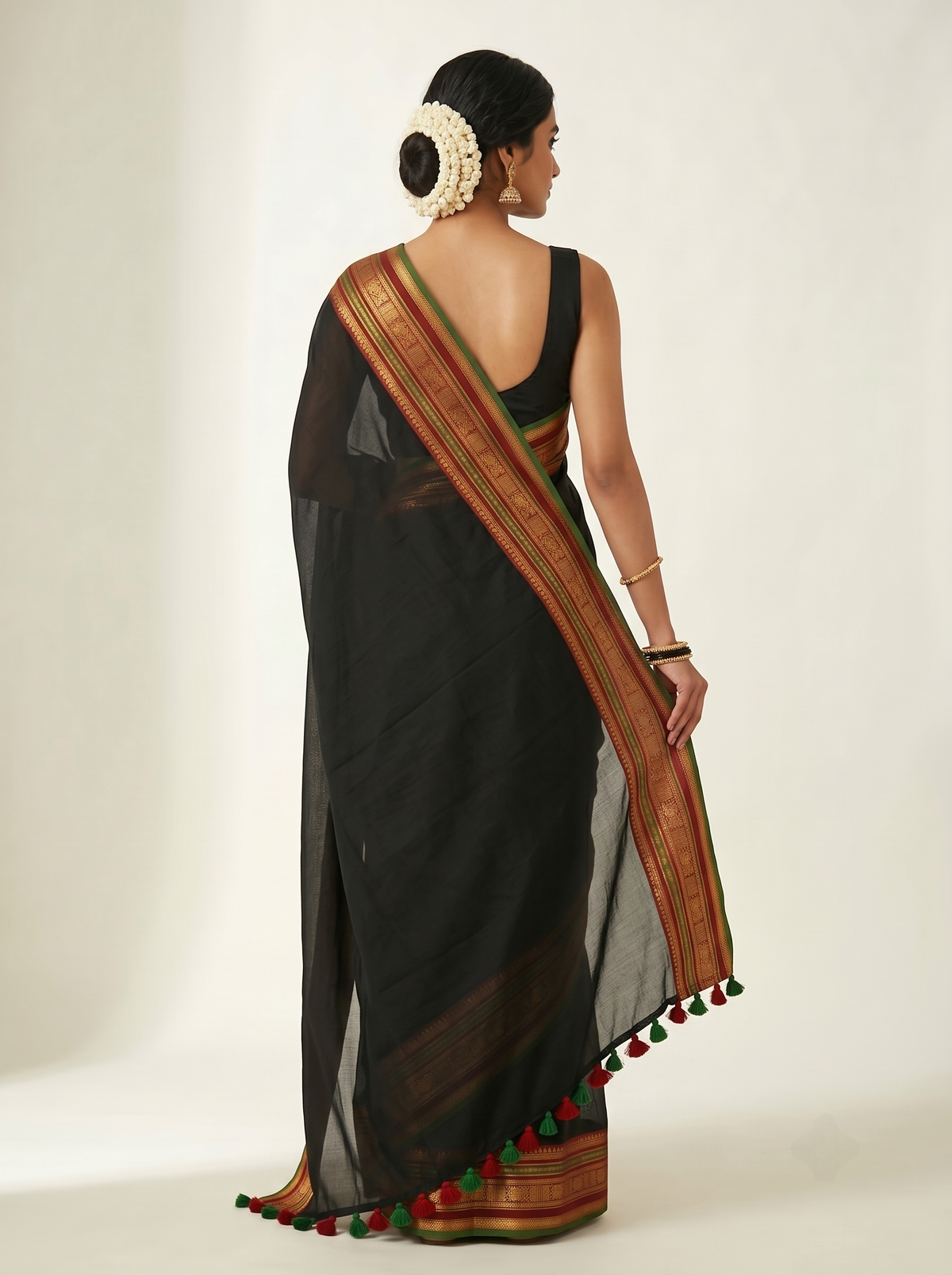 Gorgeous black mul cotton saree with multicolor kanchi borde