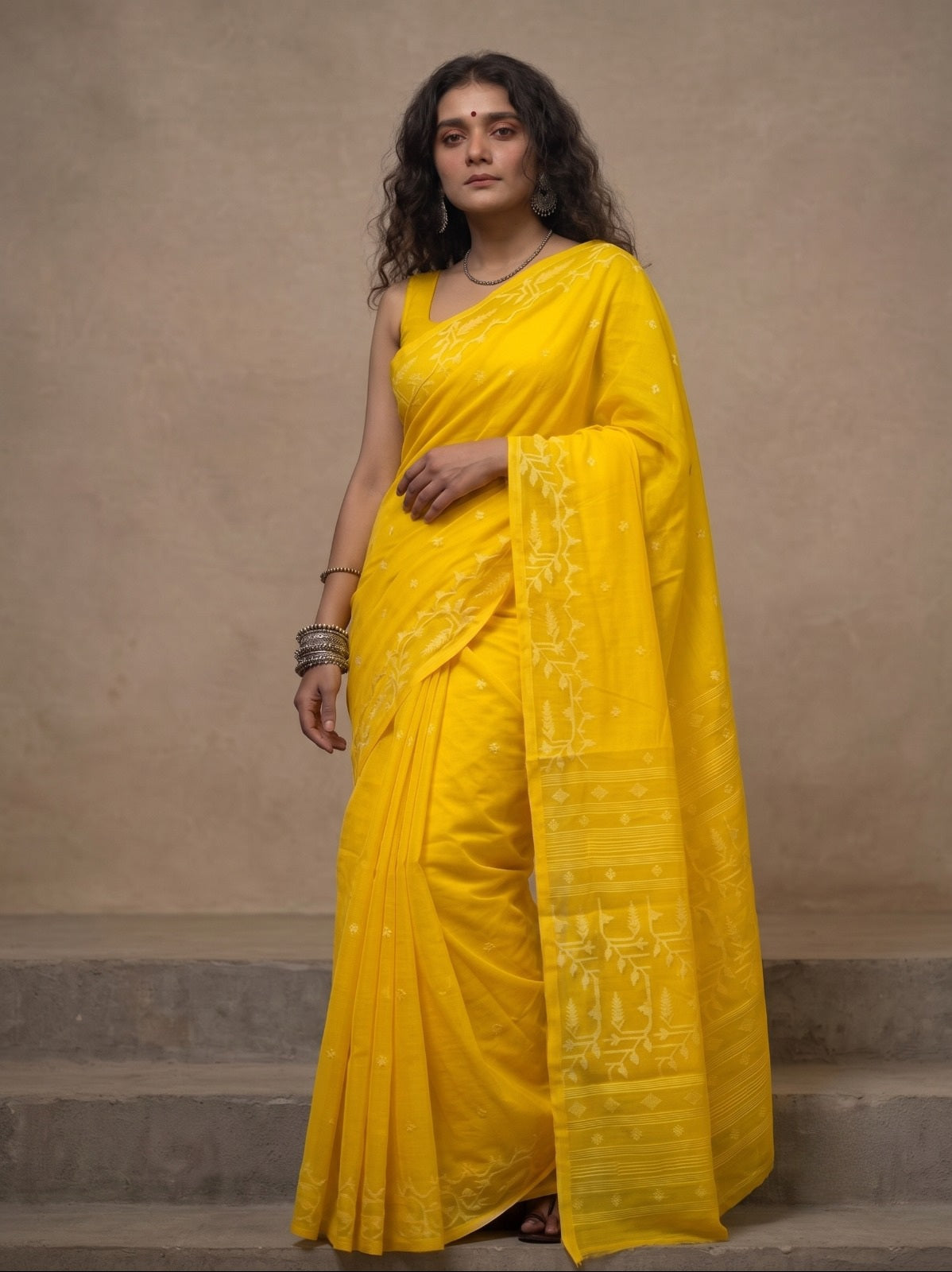 Bright yellow handloom cotton jamdani saree
