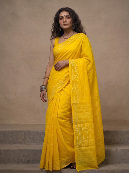 Bright yellow handloom cotton jamdani saree