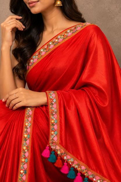 Zari border tomato red tissue Cotton saree