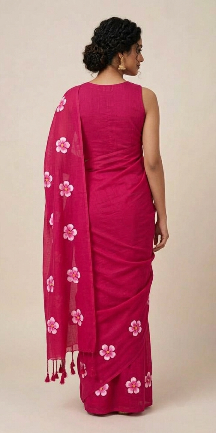 Dark Pink Floral Printed Mul Cotton Saree