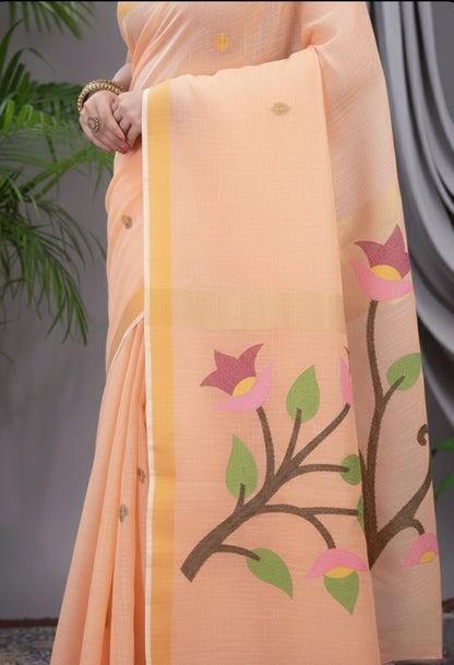 Peach Linen Silk Jamdani