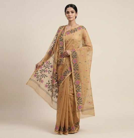 Light brown handmade jamdani pure Resham Silk