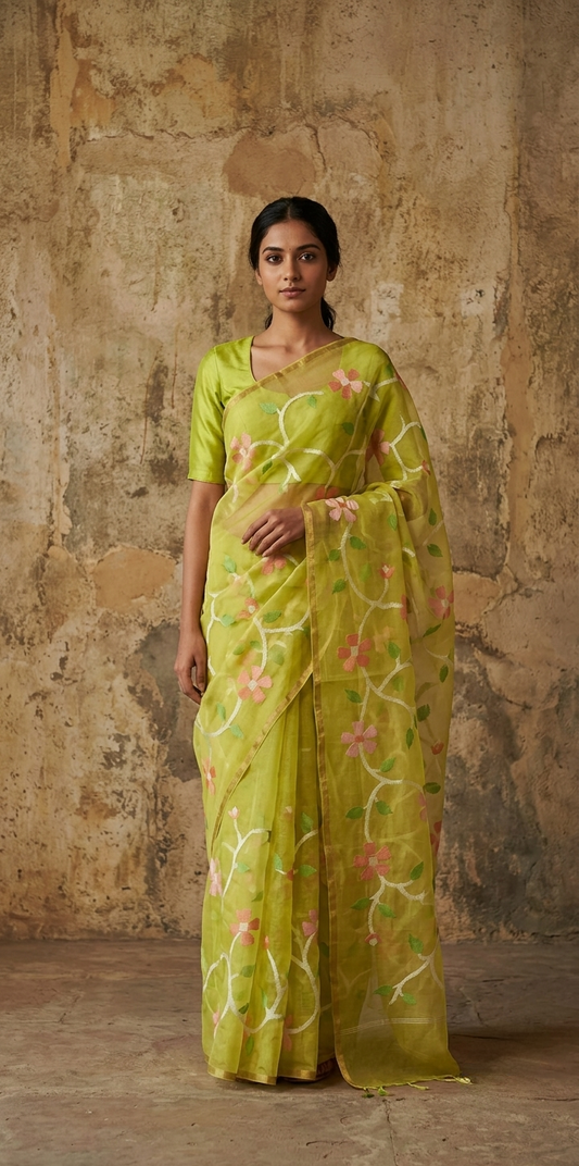 Lime green all over jamdani handwoven resham Silk saree