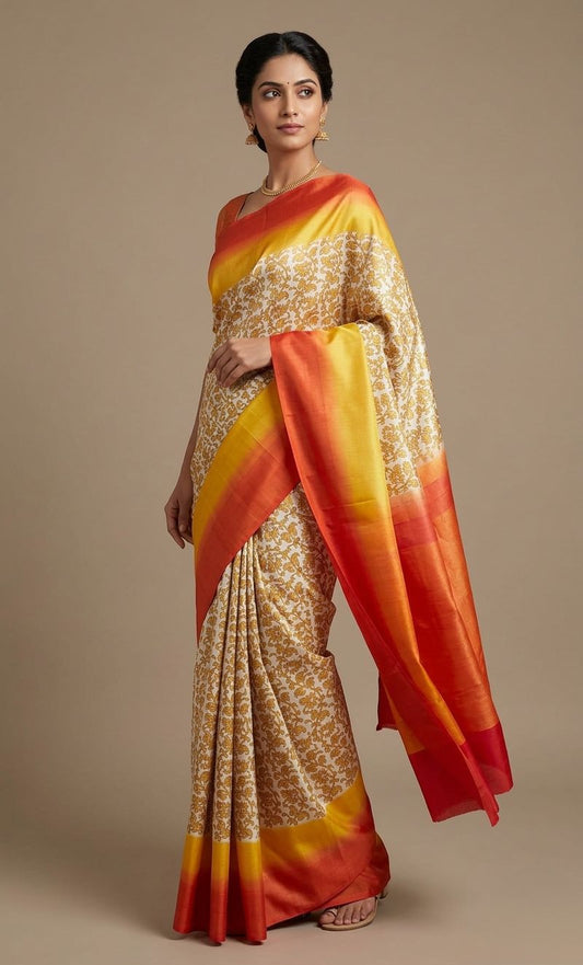 Orange yellow pure silk saree