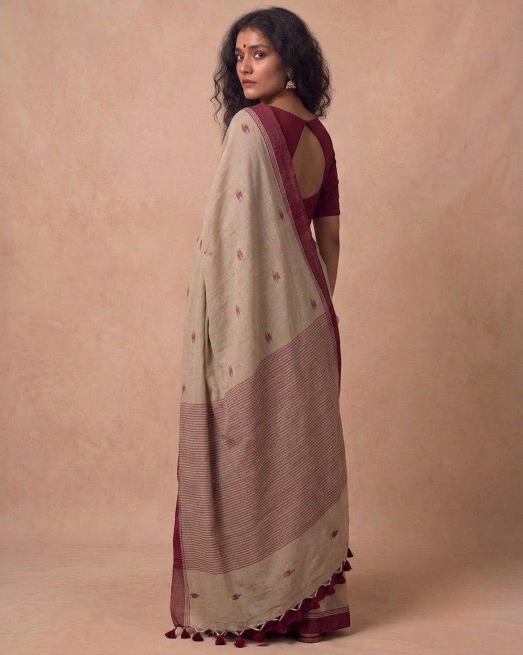 Mitti color handspun cotton saree with maroon bootis