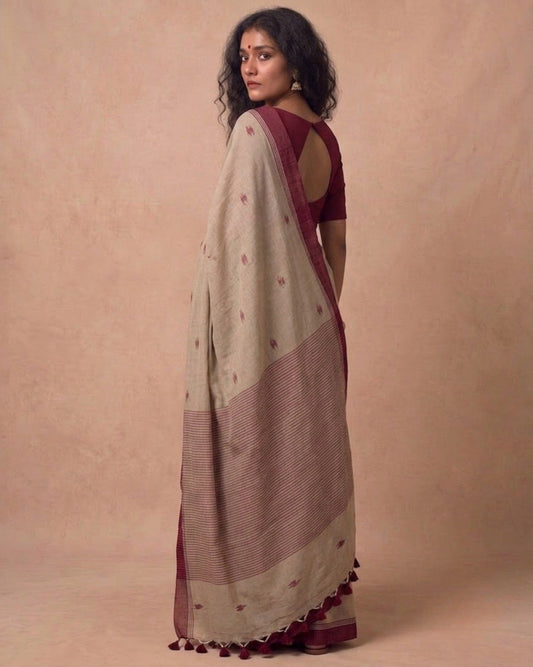 Mitti color handspun cotton saree with maroon bootis