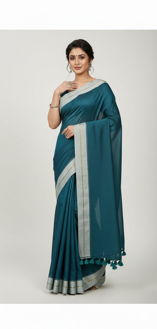 Dark green mulmul cotton saree