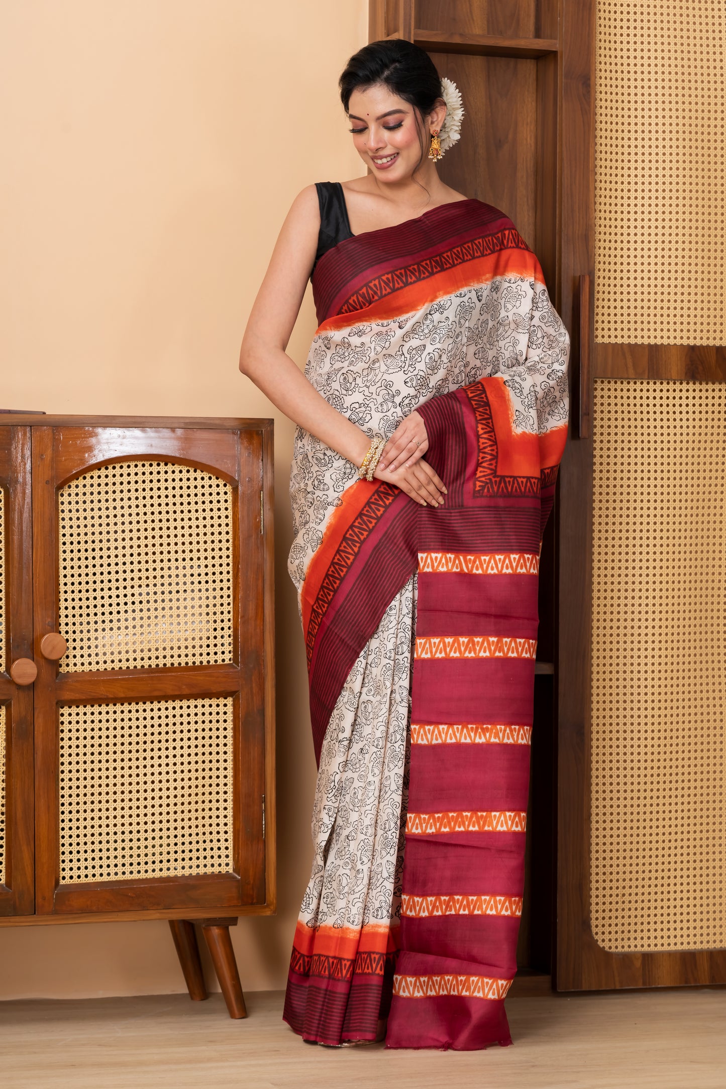 Red and orange border printed pure silk saree