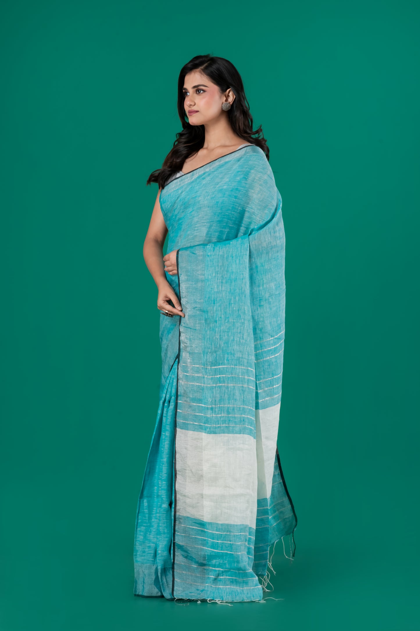 Turqoise blue pure linen saree