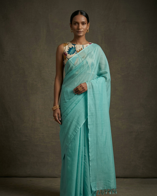 Sea-green color mangalgiri cotton sarees with hand-painted kalamkari bP