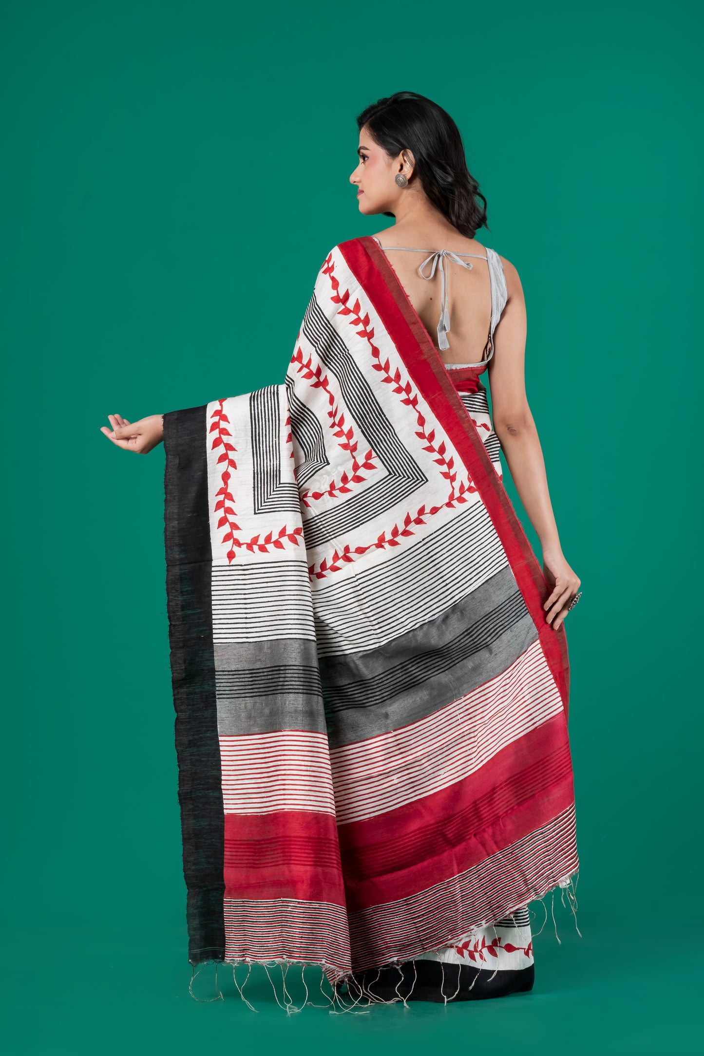 Printed matka silk saree in red and black