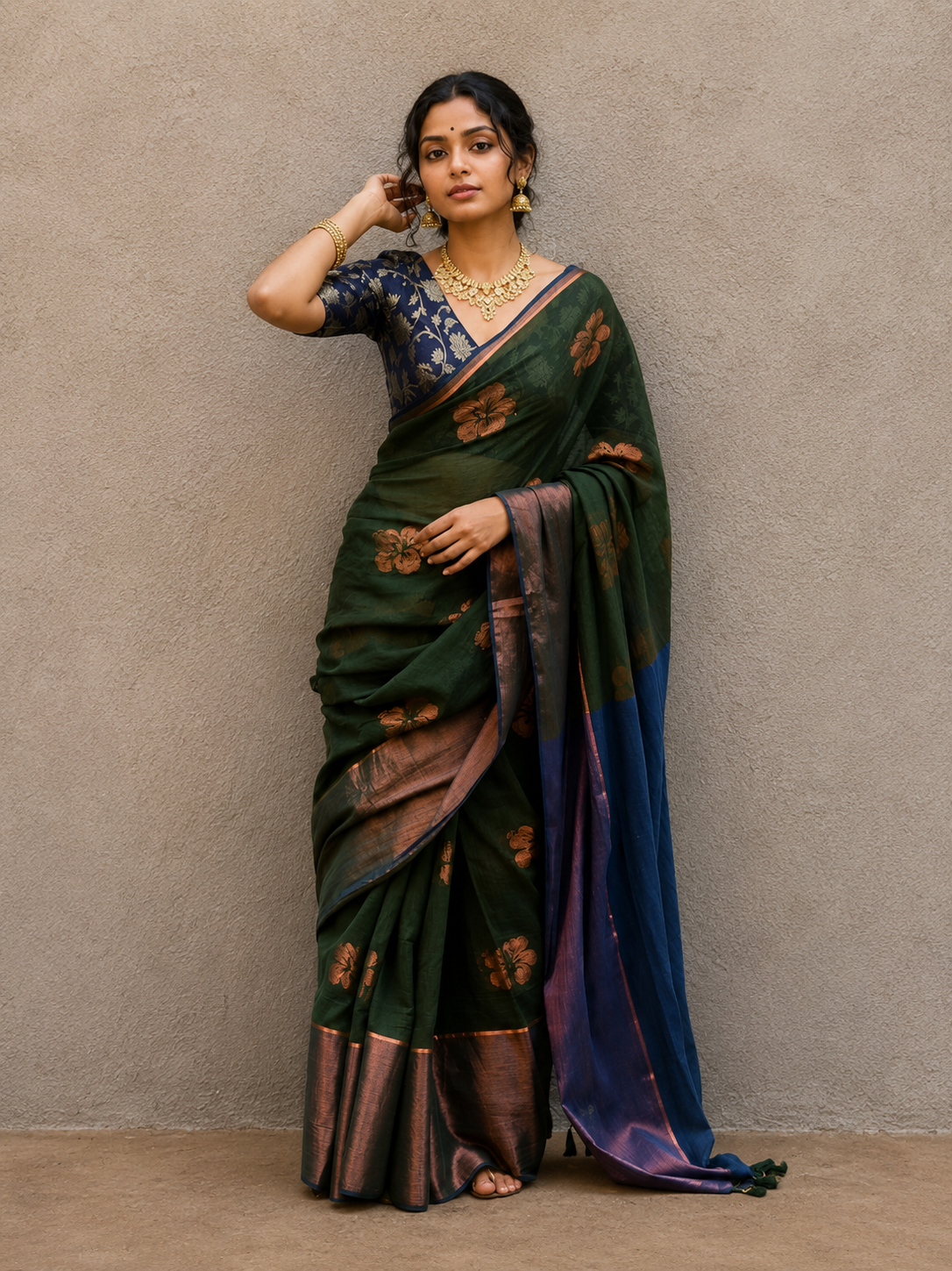 Dark green mulmul cotton flower motif saree
