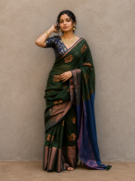Dark green mulmul cotton flower motif saree