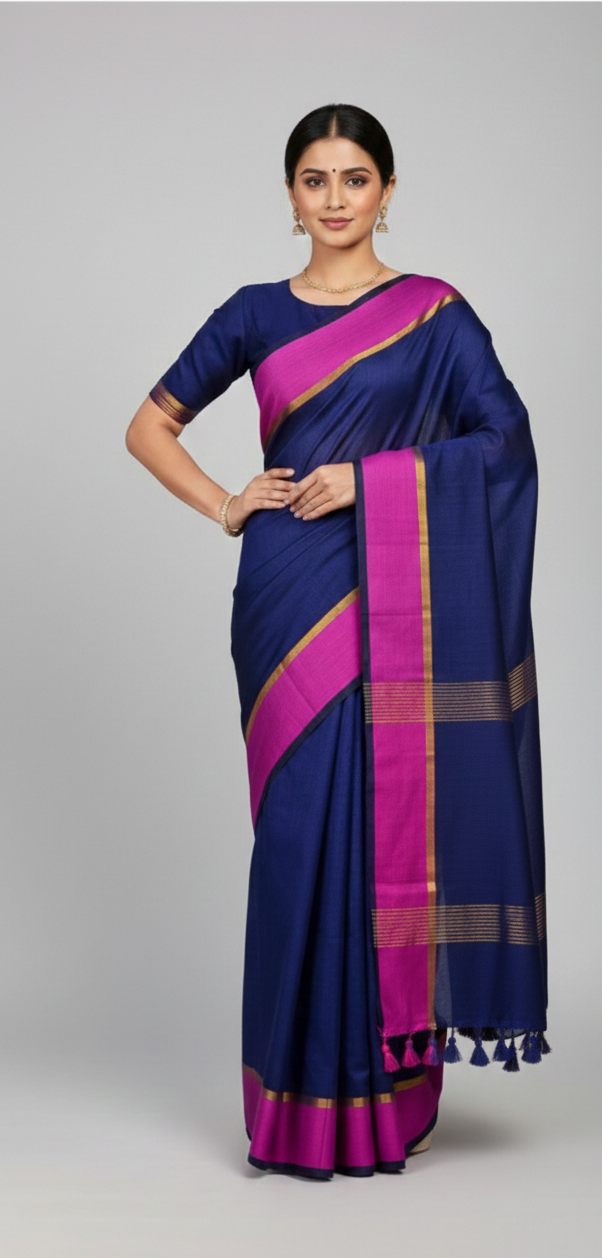 Navy blue mulmul cotton saree