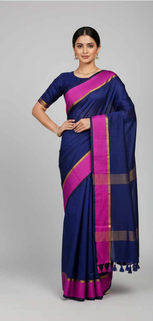 Navy blue mulmul cotton saree