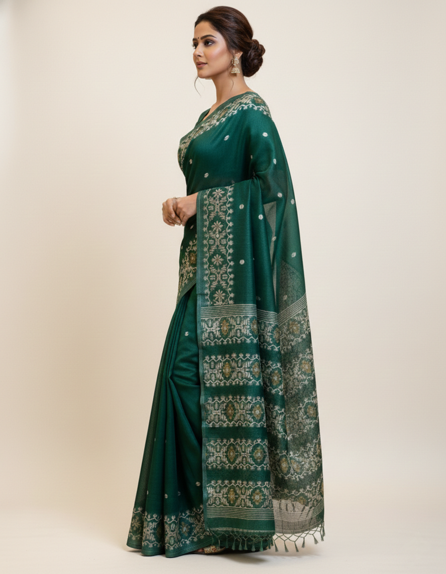 Bottle green Tussar Jamdani saree